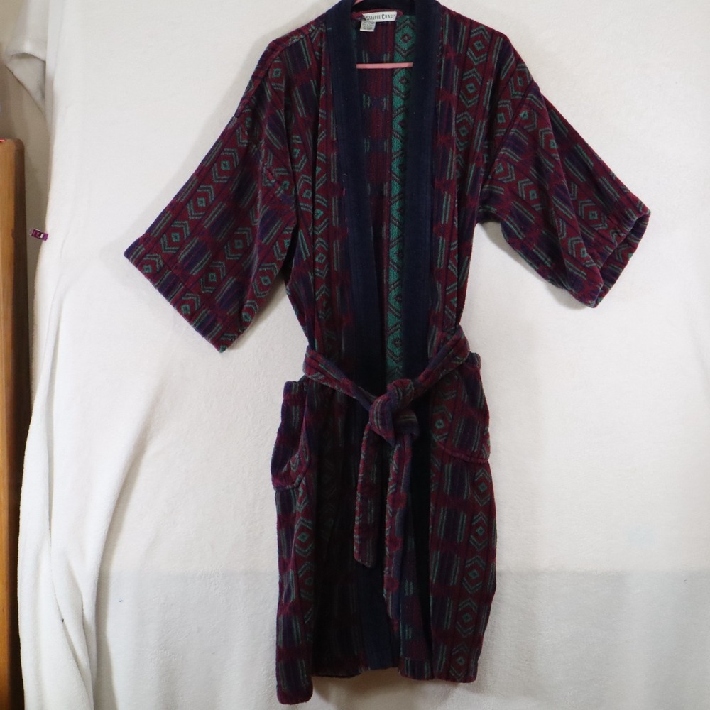 Vintage Steeple Chase Terry Cloth Robe One Size Cotton Geometric Print 90s